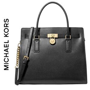MICHAEL KORS Black Hamilton Moderne Large Leather Satchel Gold Lock NWT